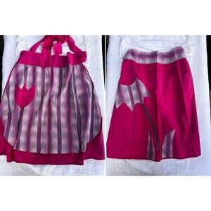 1960s Handmade Reversible Hostess Apron Pink Heart Pocket Tulip Retro Vintage